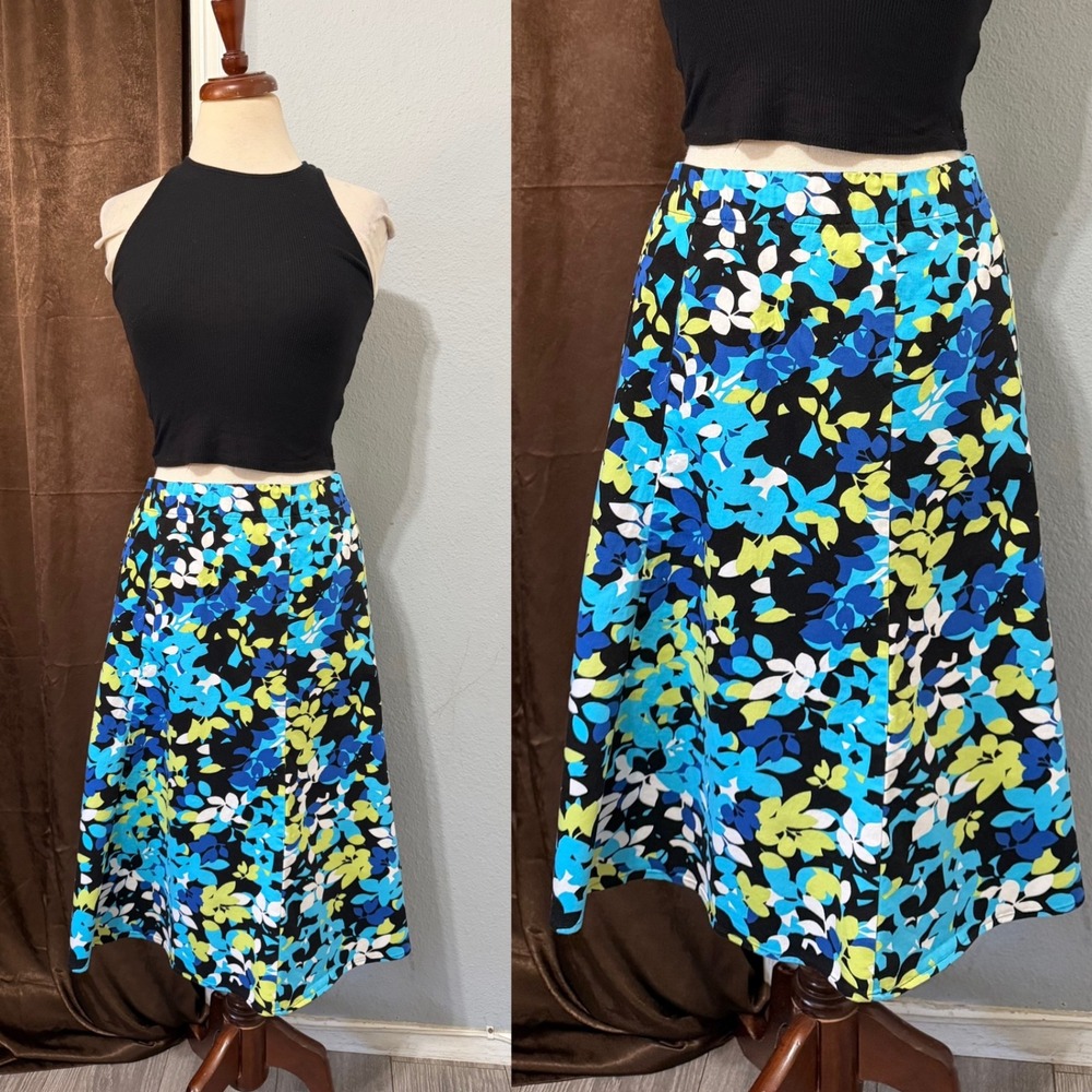 Notations Cotton Blend Blue Floral Midi Skirt 2X Black Blue A-Line‎ Cottagecore